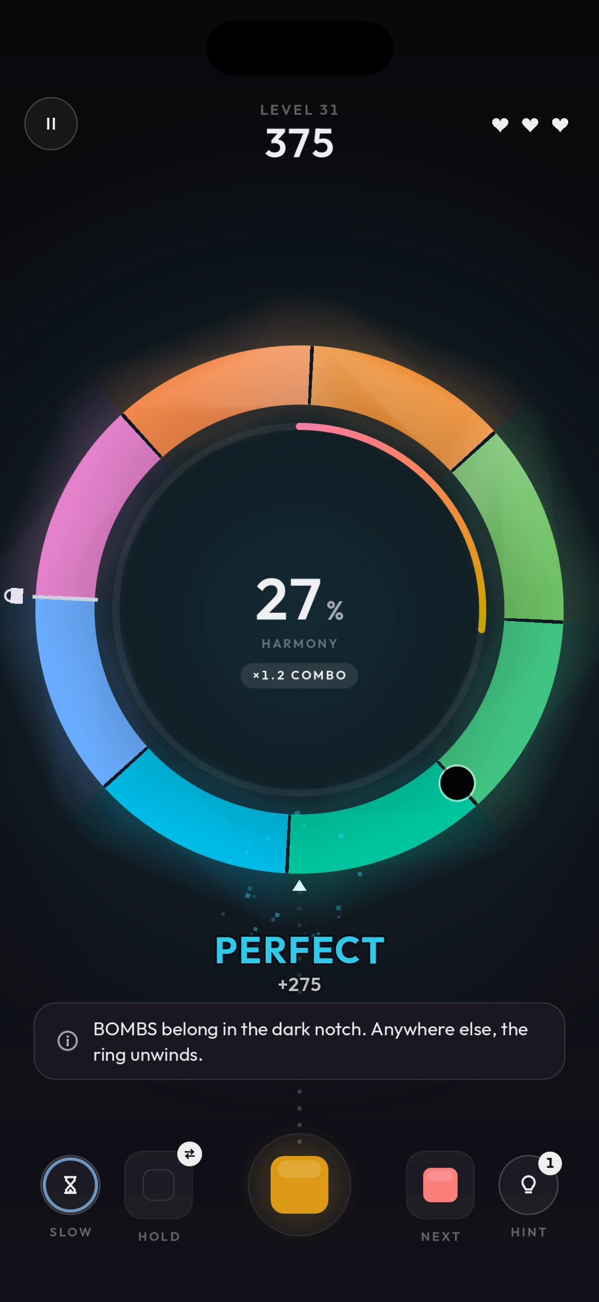 Hue Loop gameplay at level 31: a spinning spectrum ring, a PERFECT shot and the harmony meter