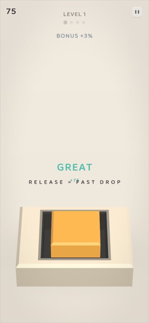 Perfect Drop gameplay: an orange block lands in the platform's square hole with a GREAT rating