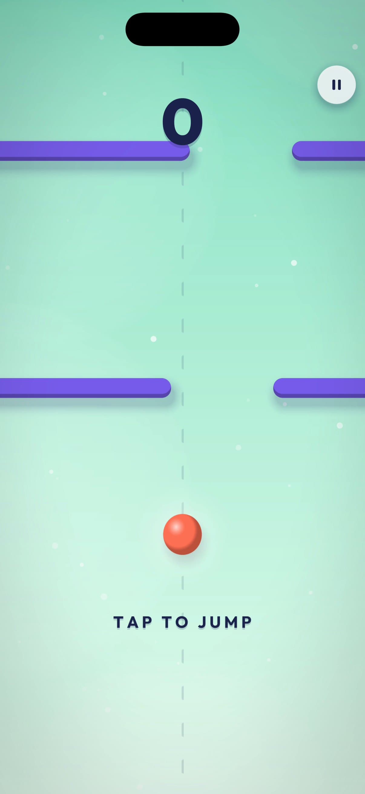 RISE gameplay: a coral ball waits under two sliding purple gates on a mint background