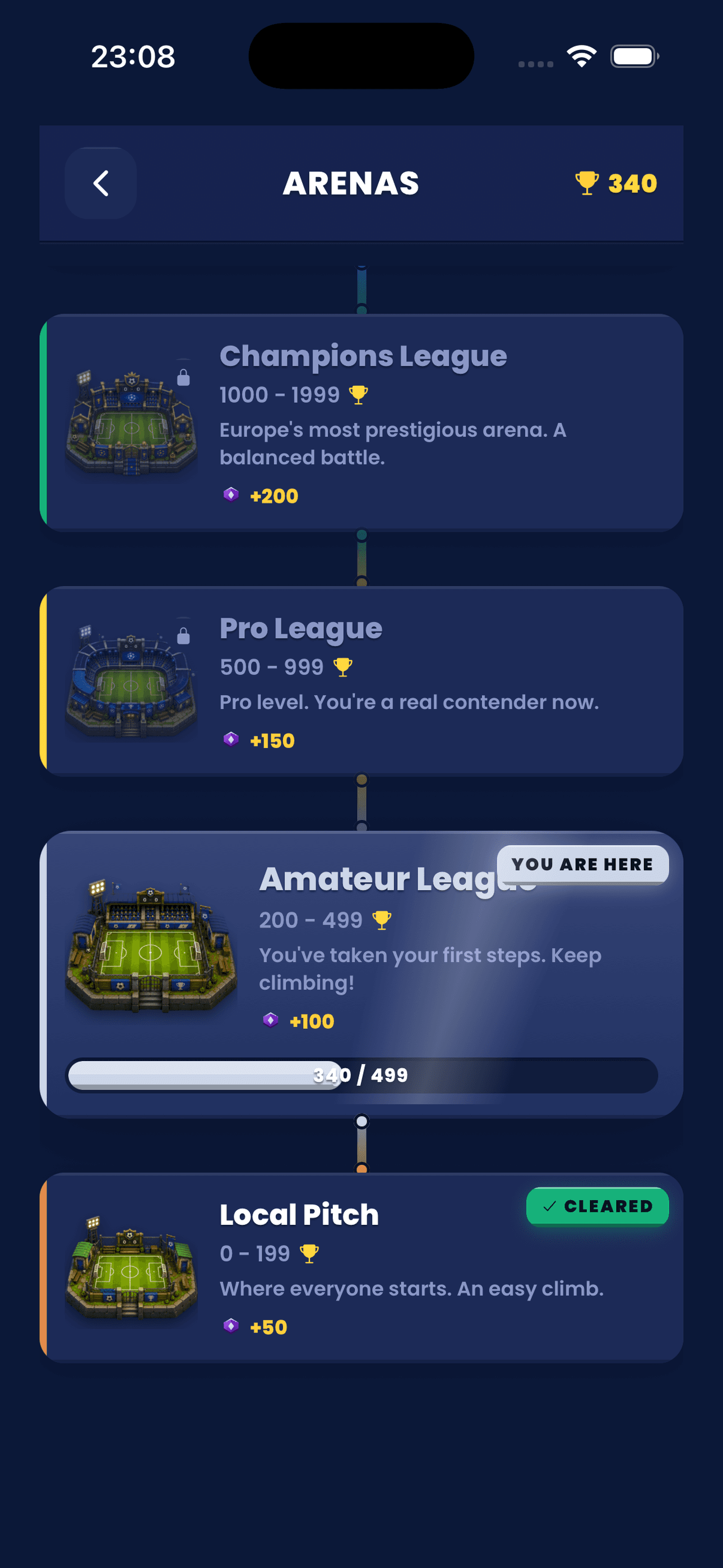 Arenas ladder from Local Pitch up to Champions League