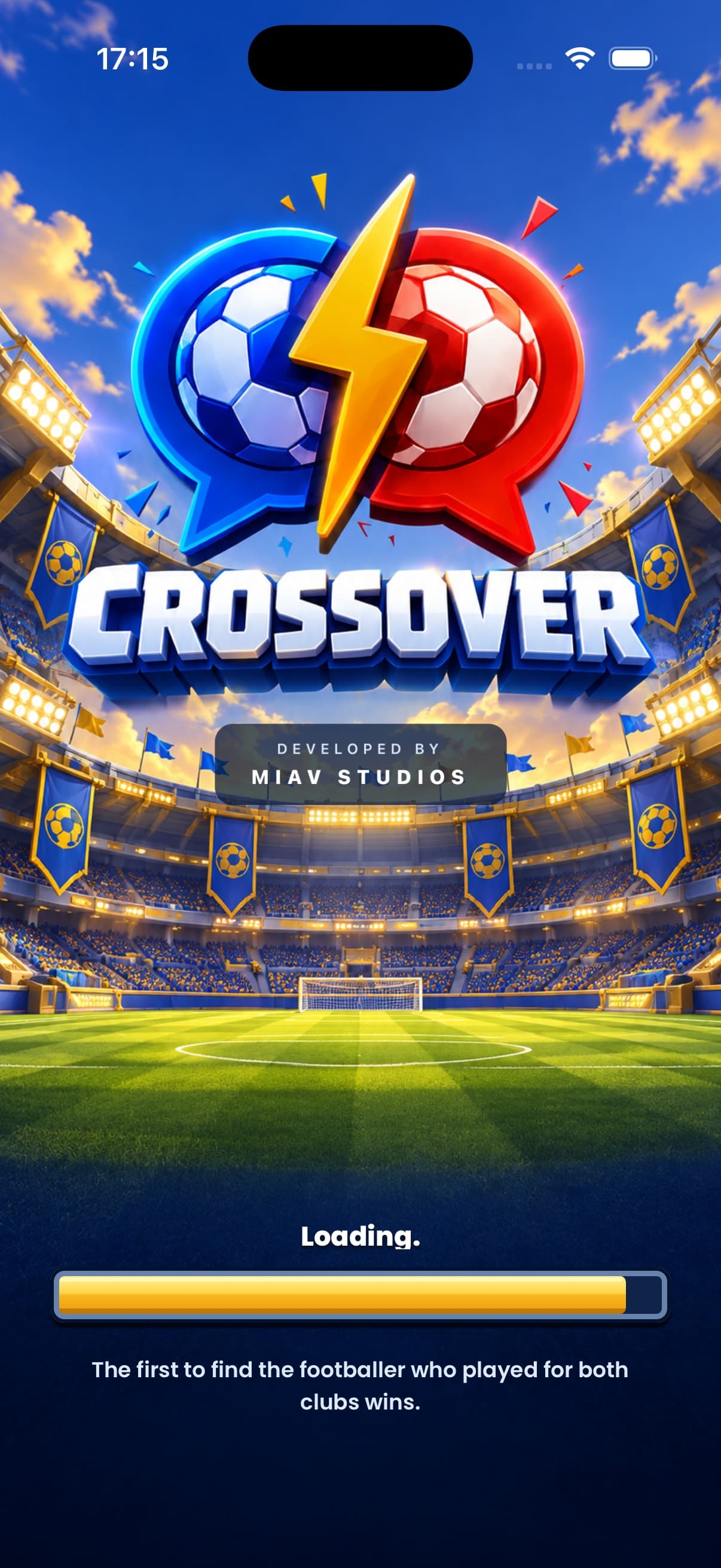 CrossOver Football loading screen in English: the Crossover crest over the stadium, the loading bar and a gameplay tip