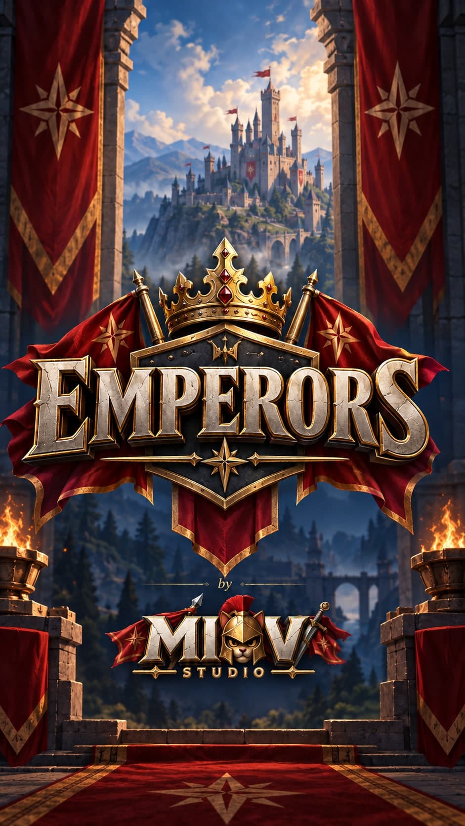 Emperors loading screen: a crowned crest in front of a castle on the hill